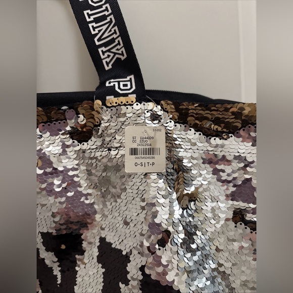 NWT Pink By Victoria Secret 20”x12” Tote Bag Purse Silver/gold  Sequins - Picture 3 of 5